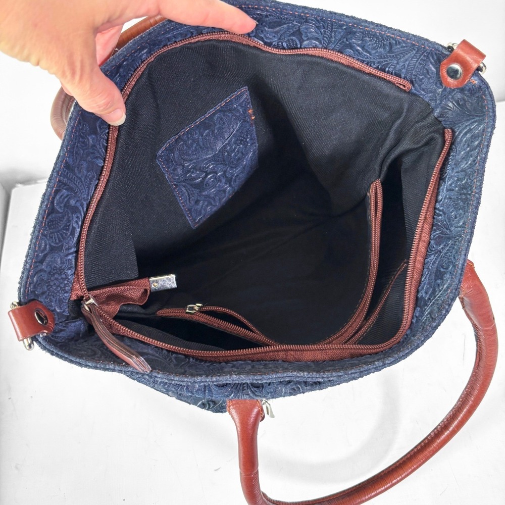 Borse in Pelle Navy Floral Embossed Suede Leather Tote Bag Made in Italy - Picture 9 of 12